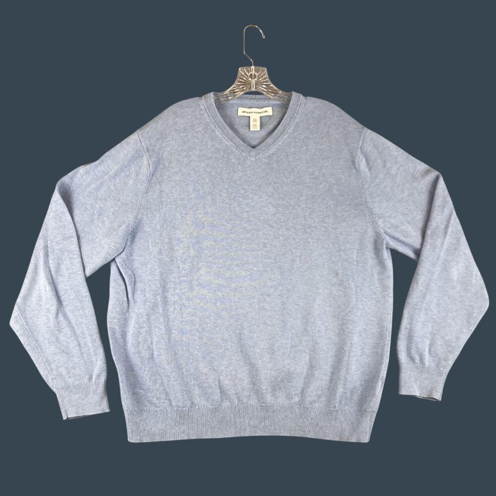 Amazons Essentials Mens XL Light Blue V-Neck Sweater Cotton Pullover Knit Casual